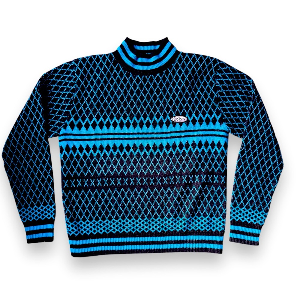 OP Nordic Ski Sweater Mock Pullover 80s Vintage Black Teal